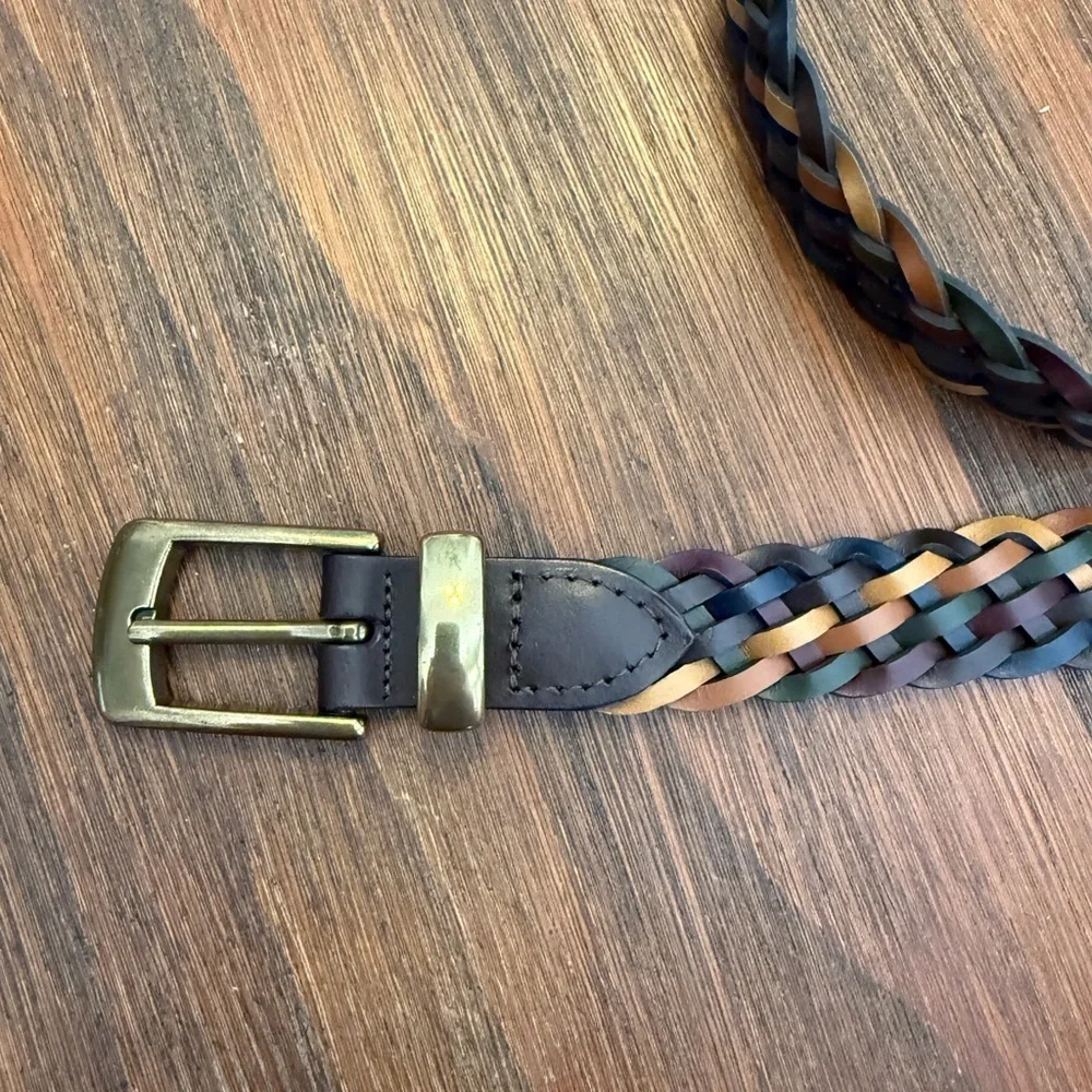 Braided Leather Multicolor Belt with Brass Hardware, 44.5 Inches Long